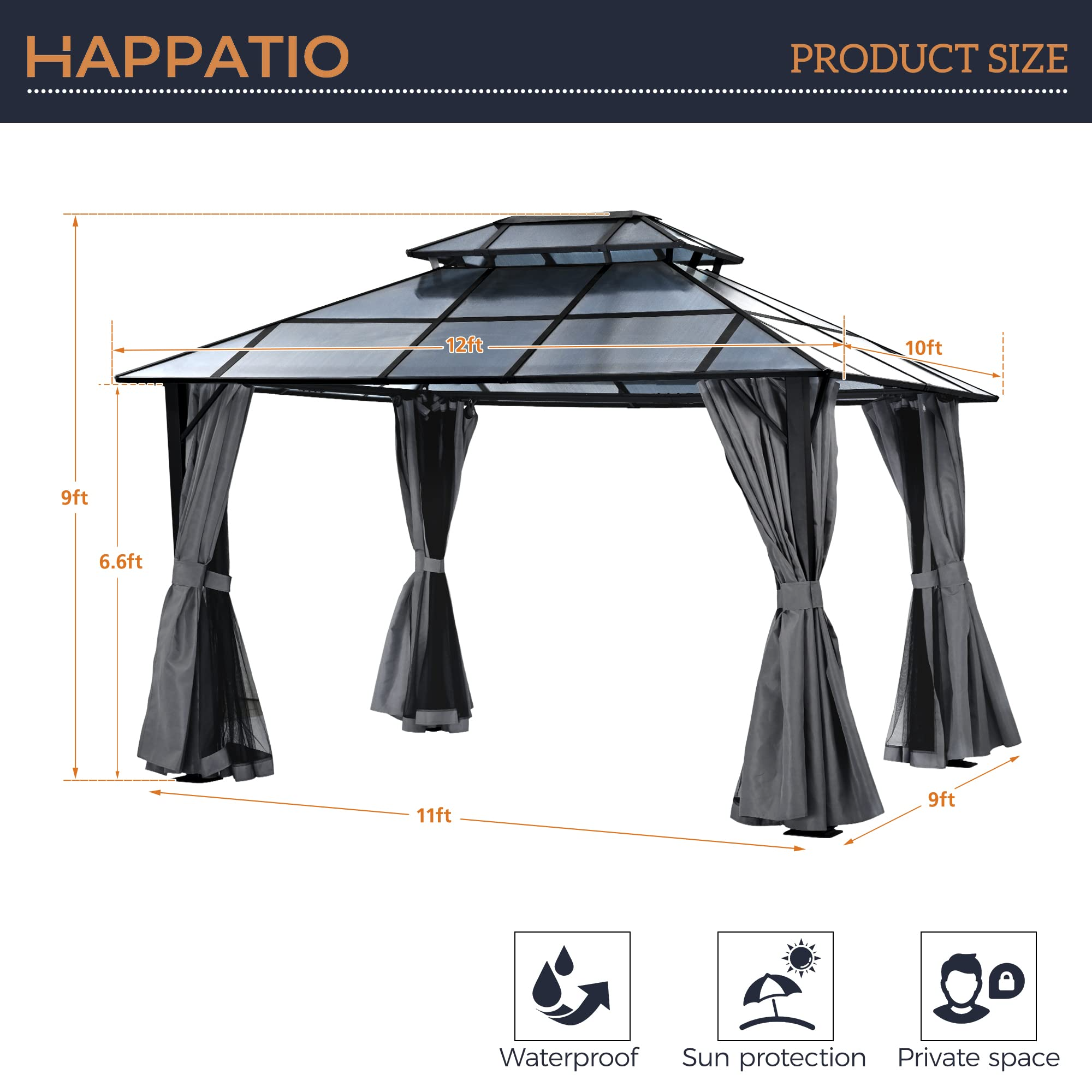 10'x12' Outdoor Polycarbonate Double Hardtop Roof Gazebo, Aluminum Furniture Gazebo Canopy