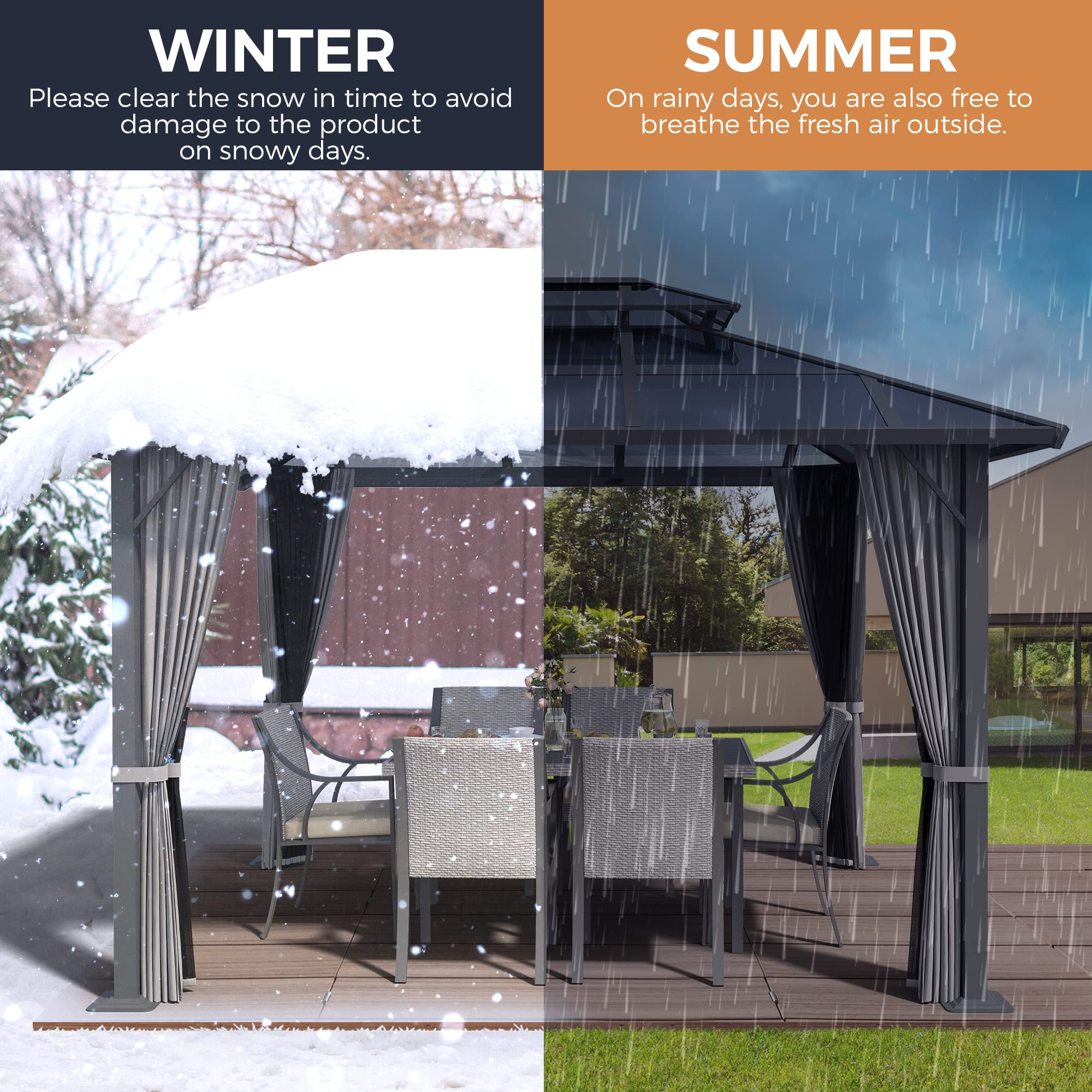 10'x12' Outdoor Polycarbonate Double Hardtop Roof Gazebo, Aluminum Furniture Gazebo Canopy