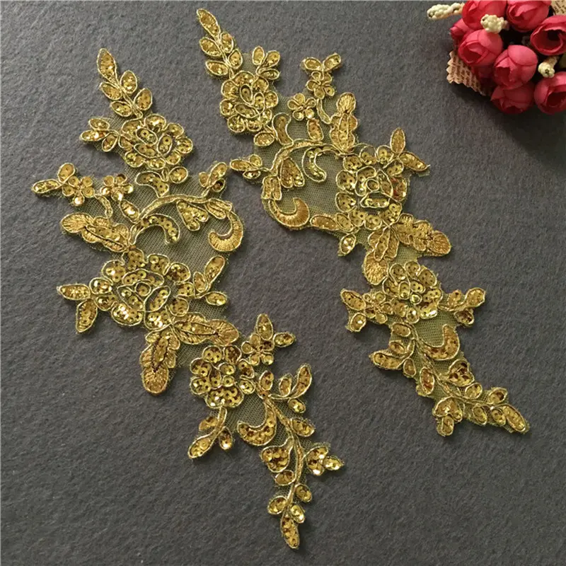 5PCS Hot Selling Boutique Gold Sequins Floral Wedding Dress Costumes Embroidered Flower Patches DIY Accessories Lace Accessories  CG060