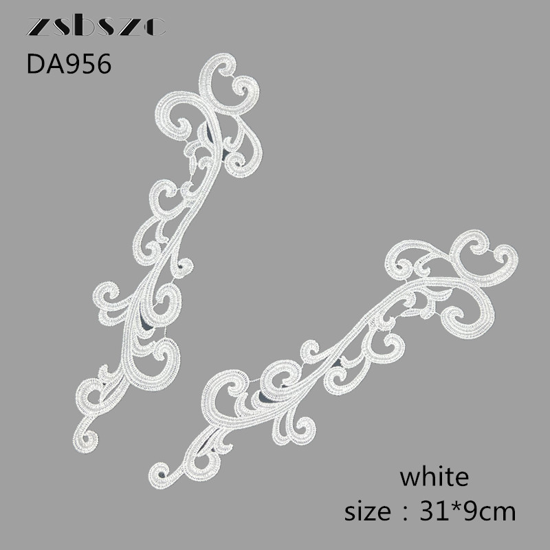 5PCS zsbszc new 31X9CM 5 pairs white Fashion wedding Lace Appliques Embroidery Patches sew on Apparel Trims Diy Cosplay DA956