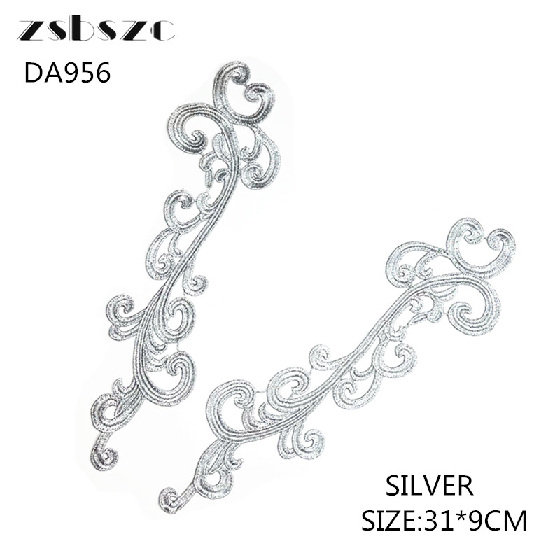 5PCS zsbszc new 31X9CM 5 pairs white Fashion wedding Lace Appliques Embroidery Patches sew on Apparel Trims Diy Cosplay DA956