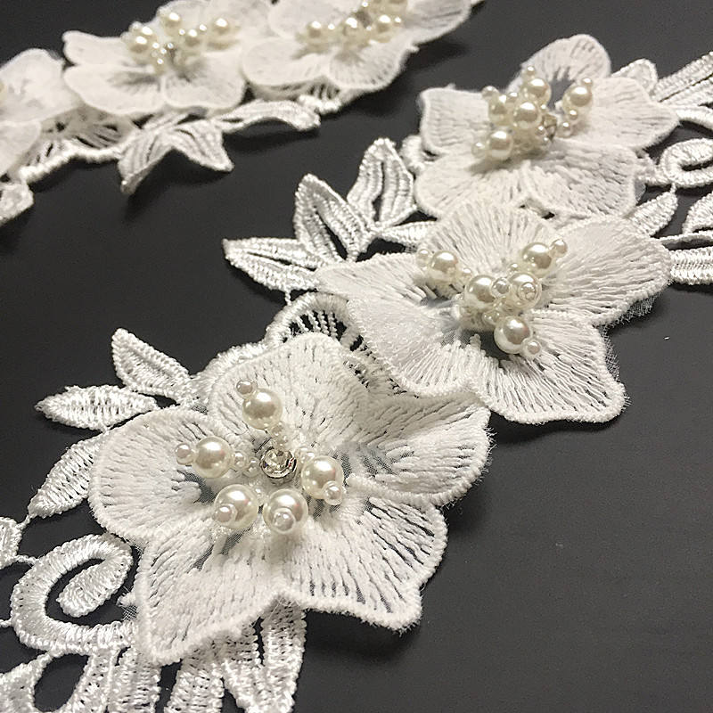 1 mirror pair  Rhinestones lace Appliques White 3D Wedding Lace Flowers Embroidered Dress Lace Motifs Venise Lace DA913