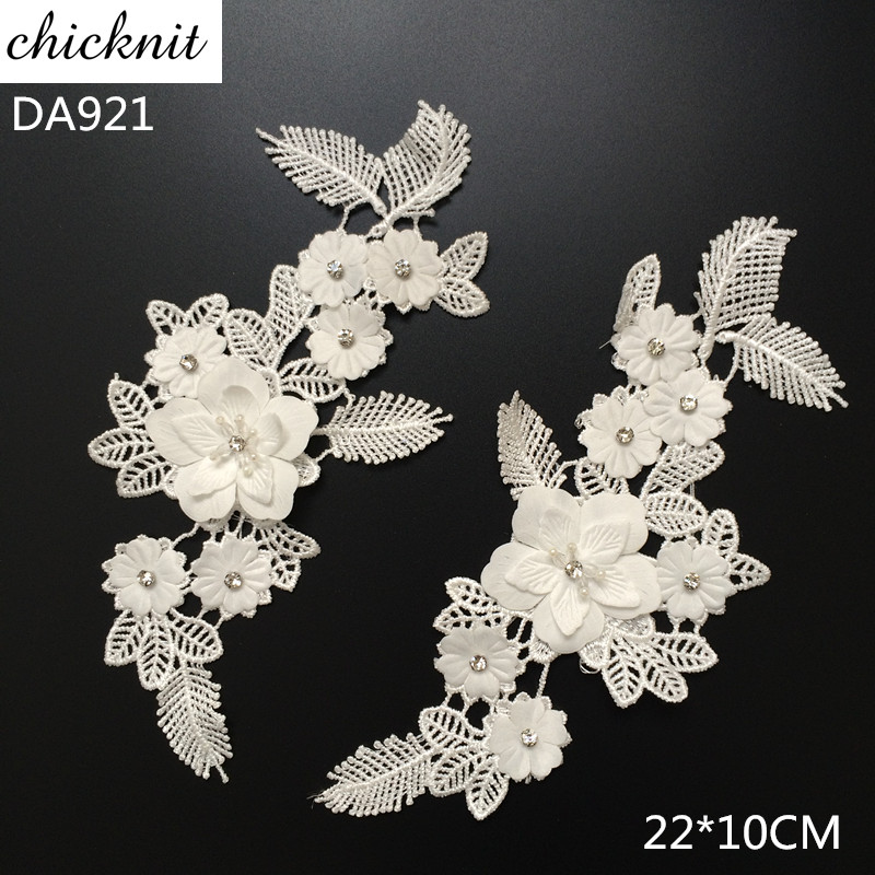 2 mirror pair white 3D embroider Lace flowers Applique patches Venise DIY Wedding dress Garment accessories DA921