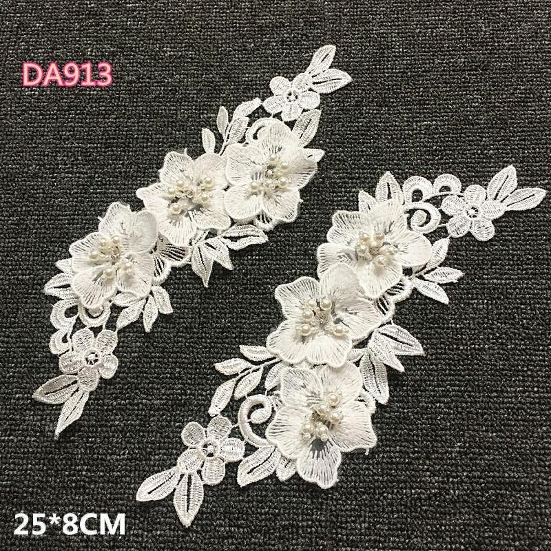 1 mirror pair  Rhinestones lace Appliques White 3D Wedding Lace Flowers Embroidered Dress Lace Motifs Venise Lace DA913