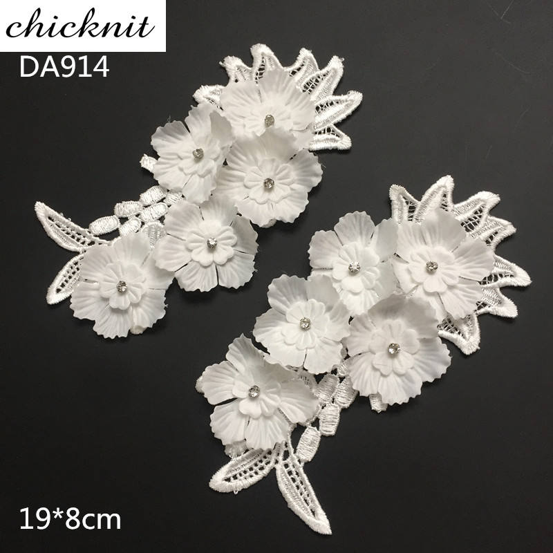 1 mirror pair Rhinestones lace Appliques White 3D Wedding Lace Flowers Embroidered Dress Lace Motifs Venise Lace DA914
