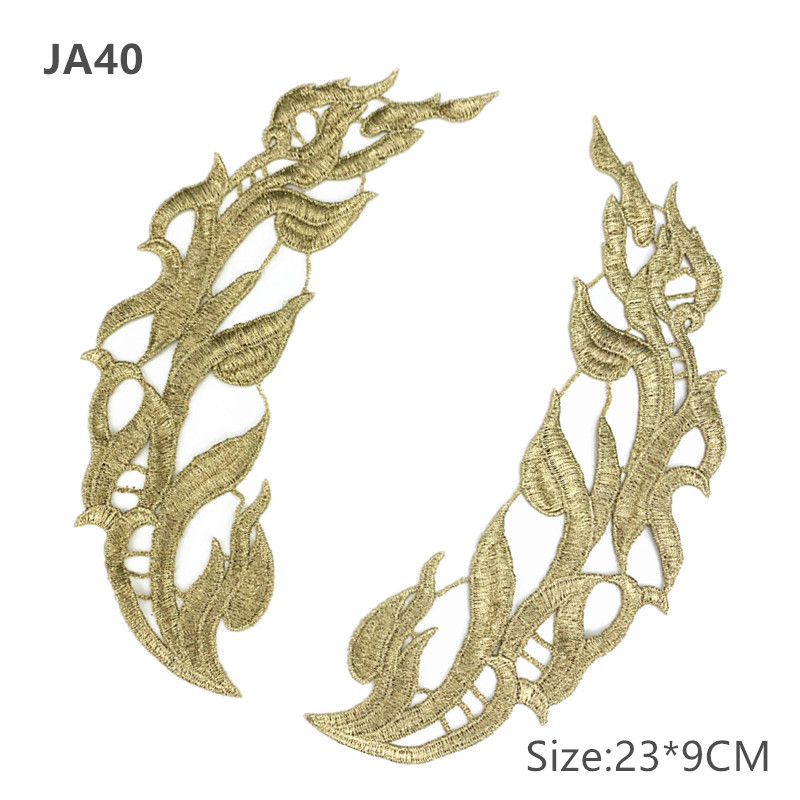1pair Newly designed lace embroidery patch with gold 23*9cm flowers applique Latin clothing bag dress accessories JA40