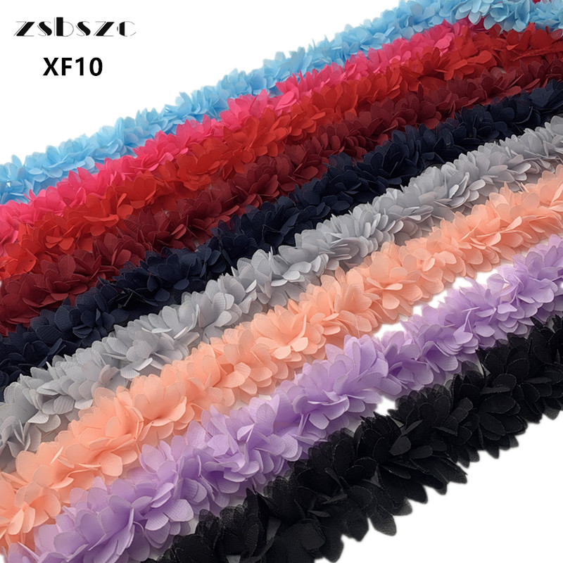 90CM 3D Chiffon Flowers DIY 6cm Width lace trim lace ribbon Lace Dress Decoration Fabric Applique Sewing Supplies XF10