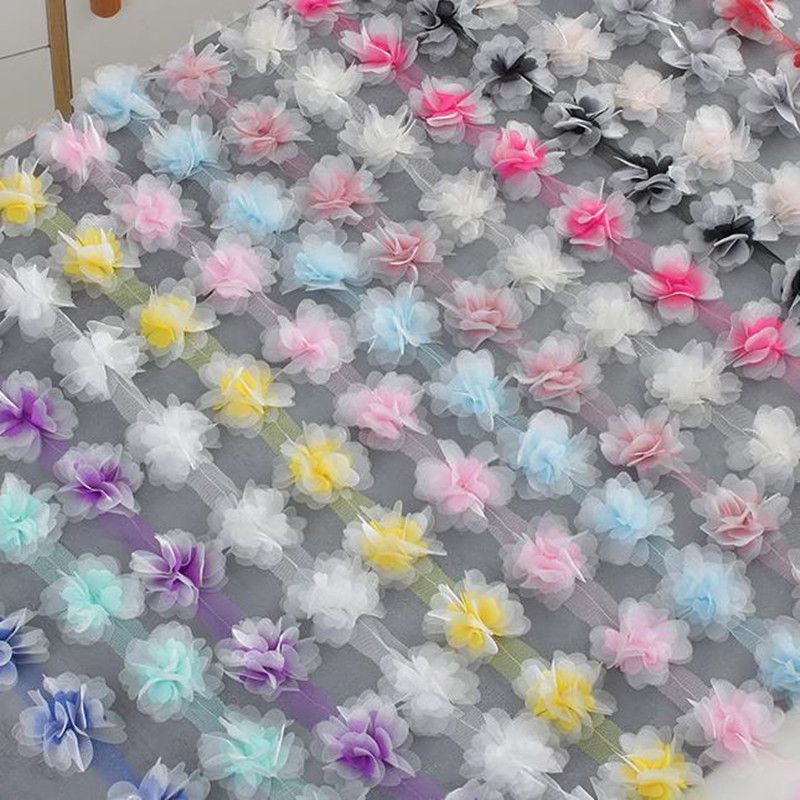 2Y  New 6.5CM double layer glitter yarn 3D flower chiffon lace trim swimsuit hat ornament XF24