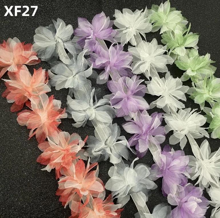 1 yard New 13 colors purple green 11CM Gradual color organza 3D flower chiffon lace trim swimsuit hat ornament XF27