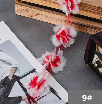 2Y  New 6.5CM double layer glitter yarn 3D flower chiffon lace trim swimsuit hat ornament XF24