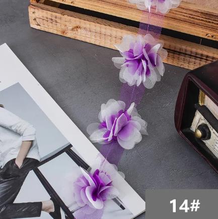 2Y  New 6.5CM double layer glitter yarn 3D flower chiffon lace trim swimsuit hat ornament XF24