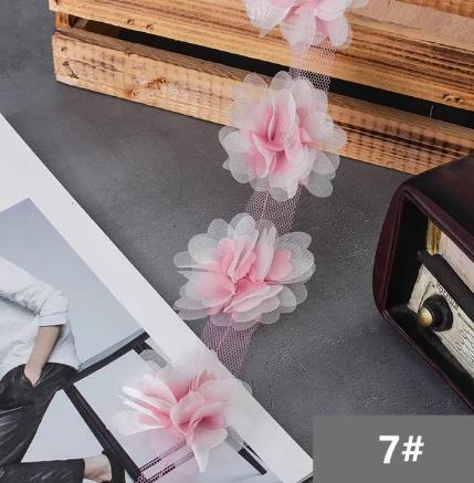 2Y  New 6.5CM double layer glitter yarn 3D flower chiffon lace trim swimsuit hat ornament XF24