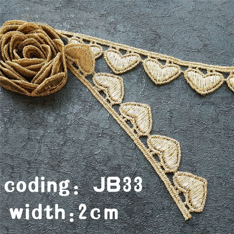 CHICKNIT width 2CM heart lace trim good quality free ship gold line water soluble embroidery lace trim ribbon lace fabric JB33