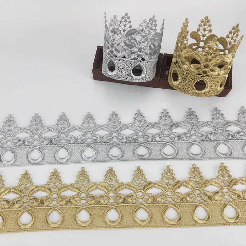 Width 850mm gold and silver Embroidery guipure Crown gear Lace trim Sewing on baby headwear Fabric JB80