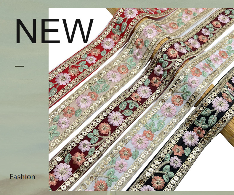 Ethnic lace accessories sequins corded lace Ribbon handmade embroidered curtain lace trim bar code for clothing decoration ZB013