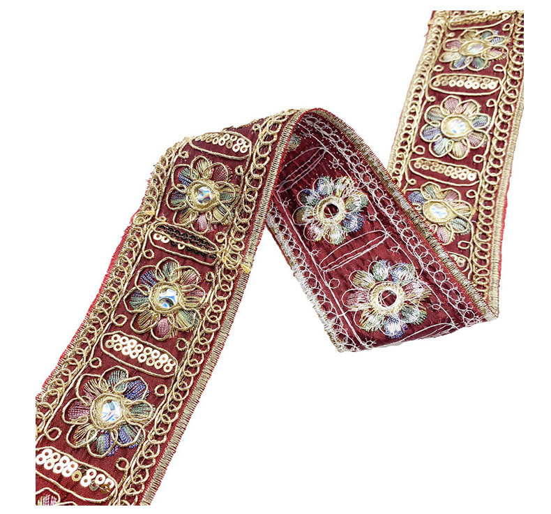 Width 4cm Ethnic Style lace ribbon Rhombus Sequins bar code Golden Corded embroidery lace trim for traditional costume cuff