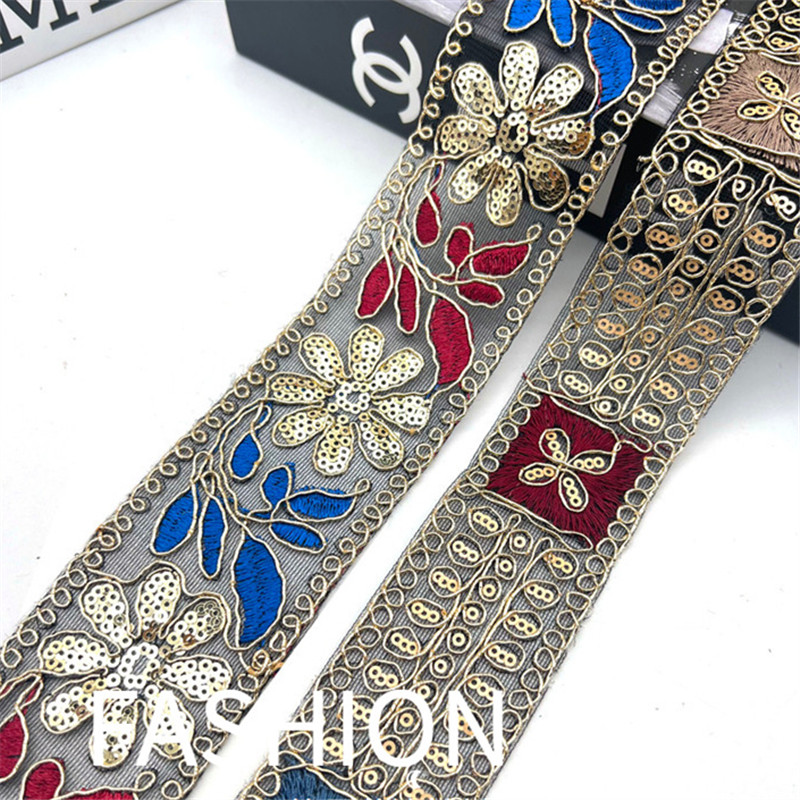 Golden sequins corded lace Ribbon Flowers embroidered colorful cuff lace trim bar code for clothing decoration ZB006