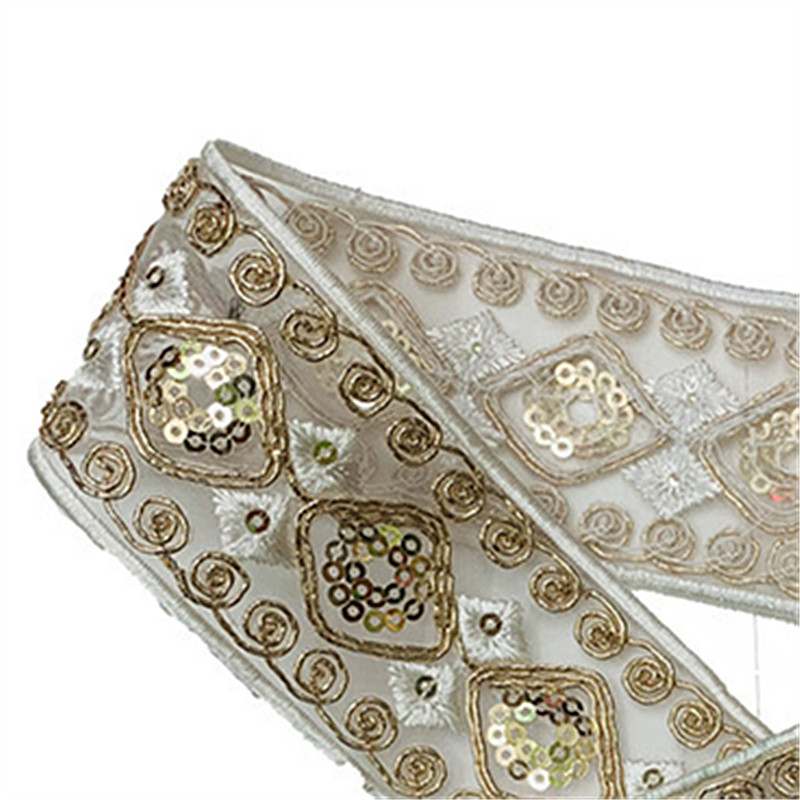 Width 45mm Diamond-shaped gold ply bar code mesh embroidery lace organza Lace trimming Retro hotfix Clothing decoration lace ZB010