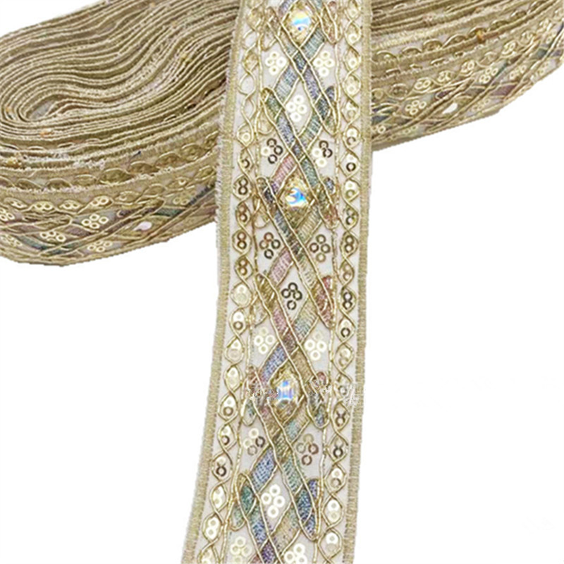45mm Gold thread dai dress collar sleeve decorative lace DIY Sewing Accessories Ethnic Style Embroidery Ribbon Diamond Sequin Lace Ribbon ZB002