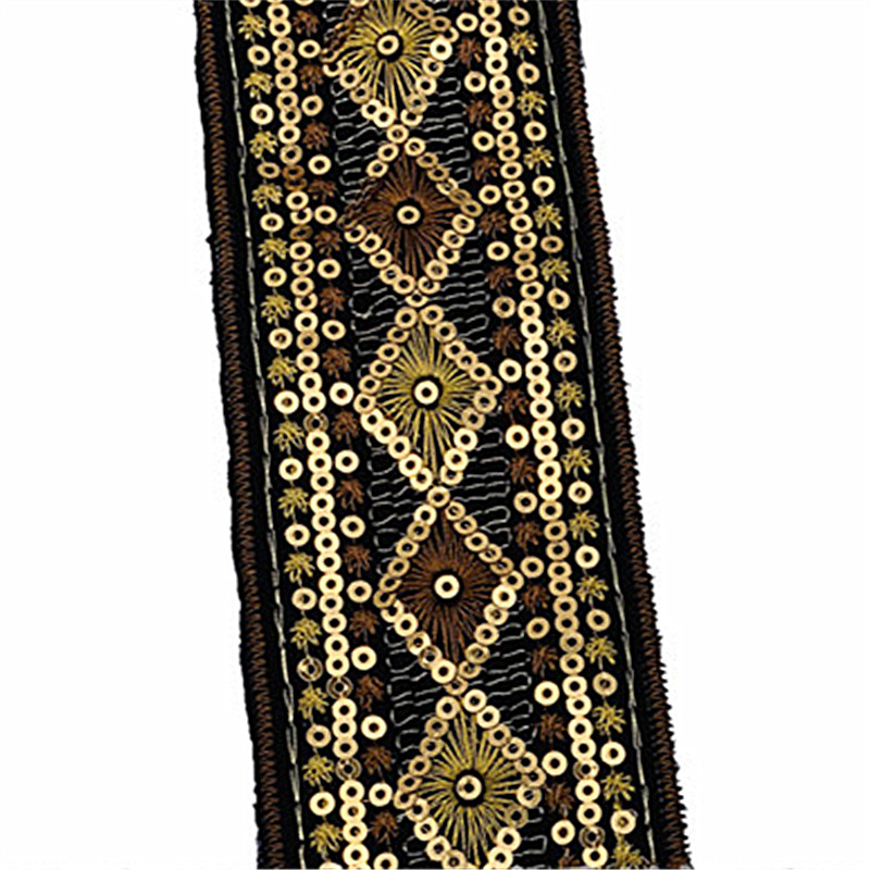 Gold sequin embroidered ribbon for African ethnic style lace trimming Exquisite cuffs and hem decoration National style embroidery lace ZB007