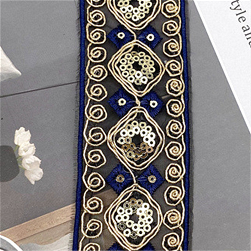 Width 45mm Diamond-shaped gold ply bar code mesh embroidery lace organza Lace trimming Retro hotfix Clothing decoration lace ZB010