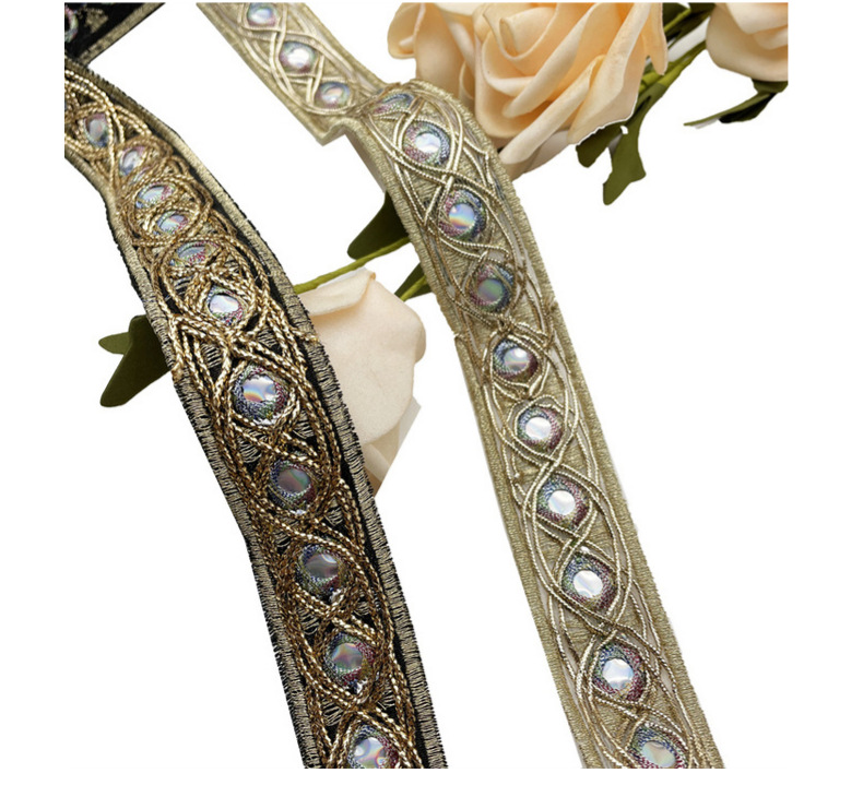 Golden sequins 25mm lace Ribbon handmade embroidered curtain lace trim bar code for clothing decoration ZB004