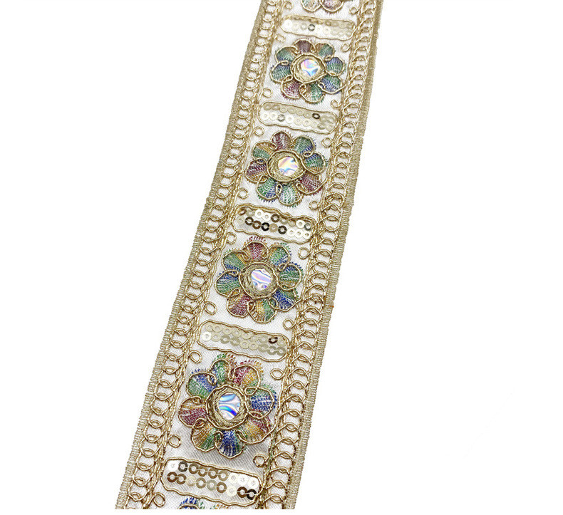 Width 4cm Ethnic Style lace ribbon Rhombus Sequins bar code Golden Corded embroidery lace trim for traditional costume cuff
