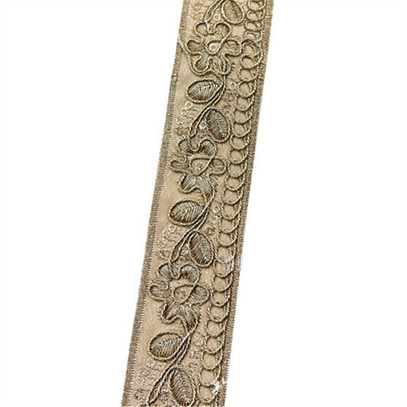 3cm bohemian style gold thread, national style embroidered sequin lace cuffs Jacquard Double-Sided Flower Embroidery Ribbon Recycled Jacquard Webbing ZB012