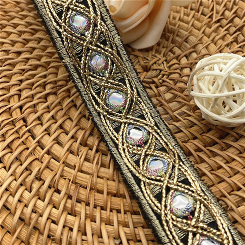 Golden sequins 25mm lace Ribbon handmade embroidered curtain lace trim bar code for clothing decoration ZB004