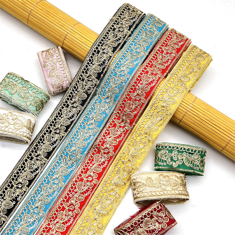 3cm bohemian style gold thread, national style embroidered sequin lace cuffs Jacquard Double-Sided Flower Embroidery Ribbon Recycled Jacquard Webbing ZB012