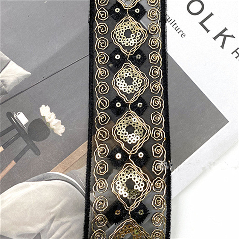 Width 45mm Diamond-shaped gold ply bar code mesh embroidery lace organza Lace trimming Retro hotfix Clothing decoration lace ZB010