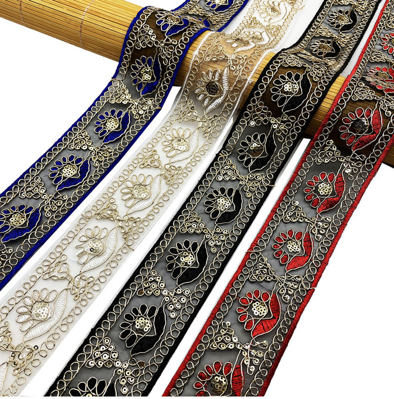5mm wide Retro sequined lace trim for women's organza skirt edge braided with ethnic clothing accessories Flash embroidered mesh lace ZB003