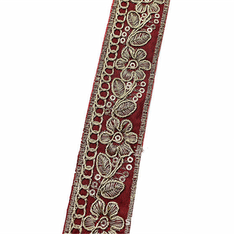 3cm bohemian style gold thread, national style embroidered sequin lace cuffs Jacquard Double-Sided Flower Embroidery Ribbon Recycled Jacquard Webbing ZB012