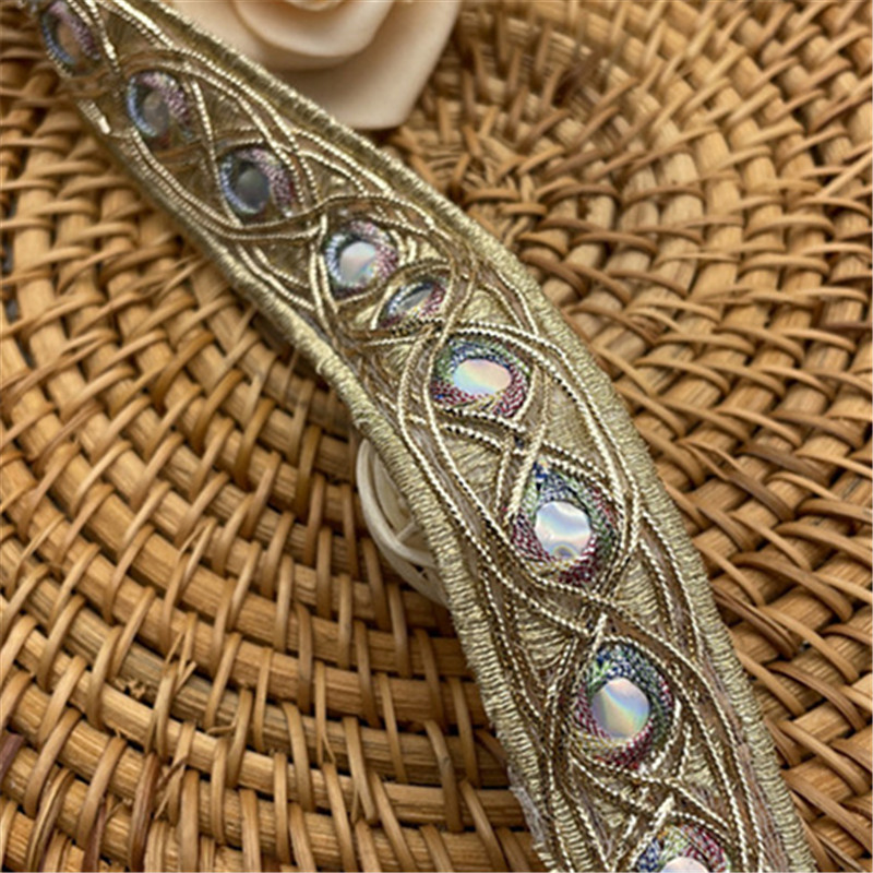 Golden sequins 25mm lace Ribbon handmade embroidered curtain lace trim bar code for clothing decoration ZB004