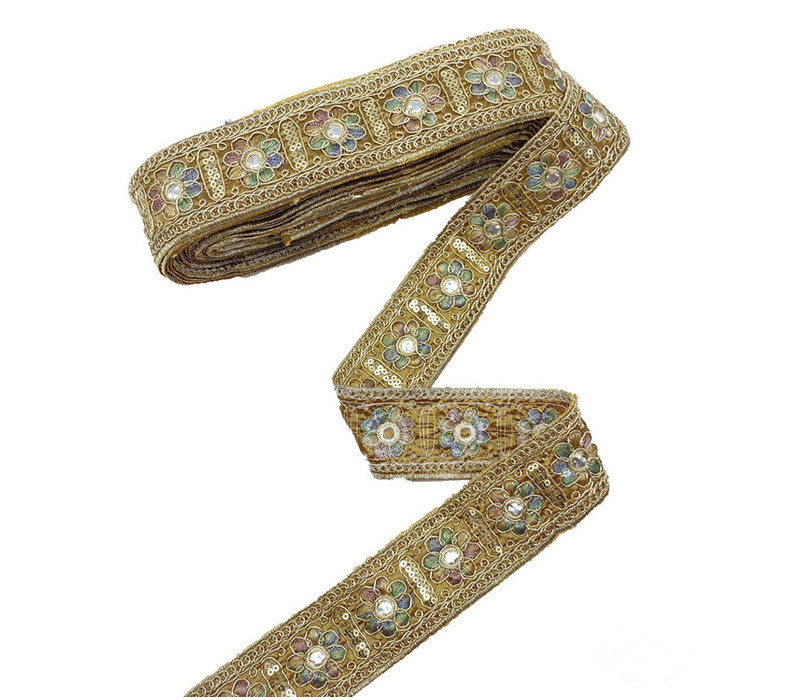 Width 4cm Ethnic Style lace ribbon Rhombus Sequins bar code Golden Corded embroidery lace trim for traditional costume cuff
