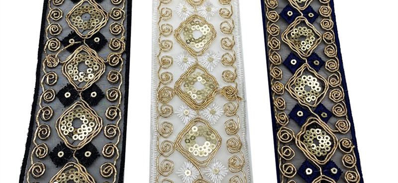 Width 45mm Diamond-shaped gold ply bar code mesh embroidery lace organza Lace trimming Retro hotfix Clothing decoration lace ZB010