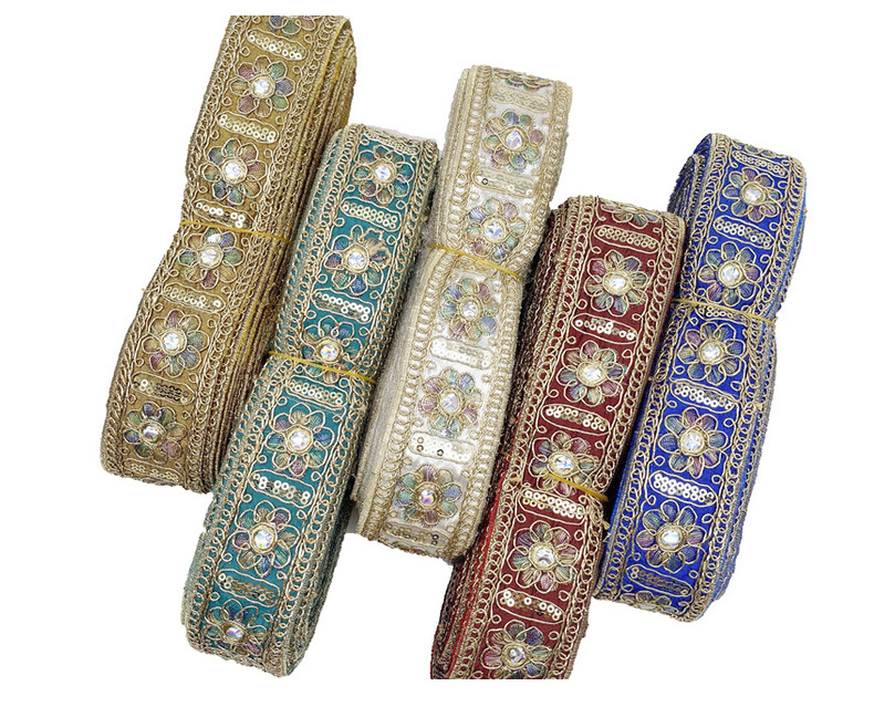Width 4cm Ethnic Style lace ribbon Rhombus Sequins bar code Golden Corded embroidery lace trim for traditional costume cuff