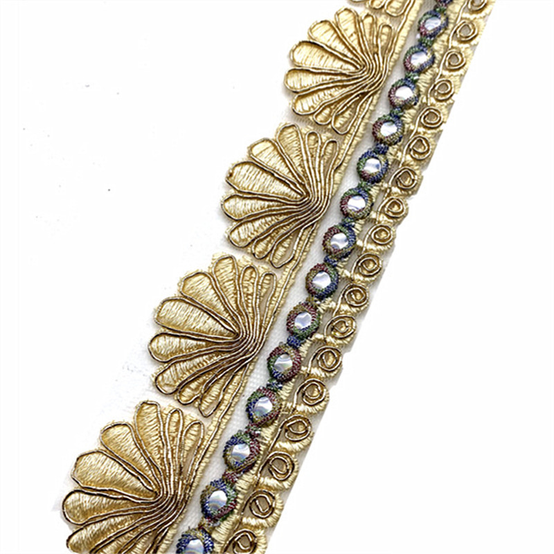 Hot-melt lens lace accessories Golden Sequin Lace Hollow Embroidery with Gold Thread Lace Applique Ethnic Clothing Dance Costumes and Performance Wear Accessor ZB016