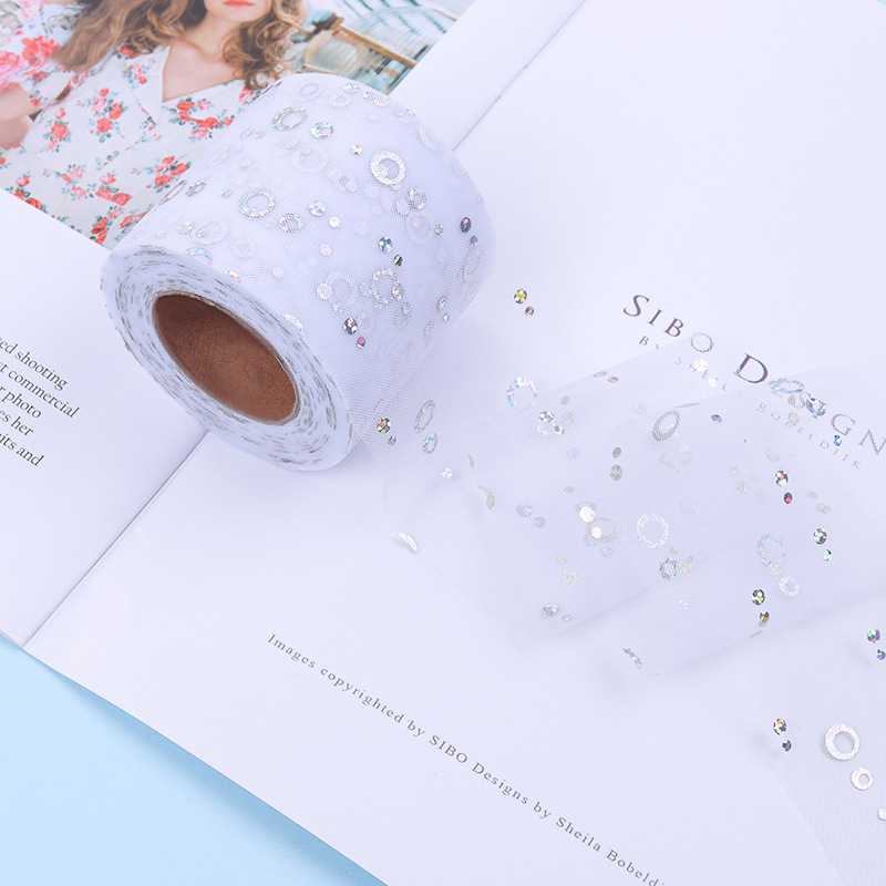 7.5cm/15cm*25 yards   Hot silver sequined tulle ribbon DIY bow hair accessories  H001