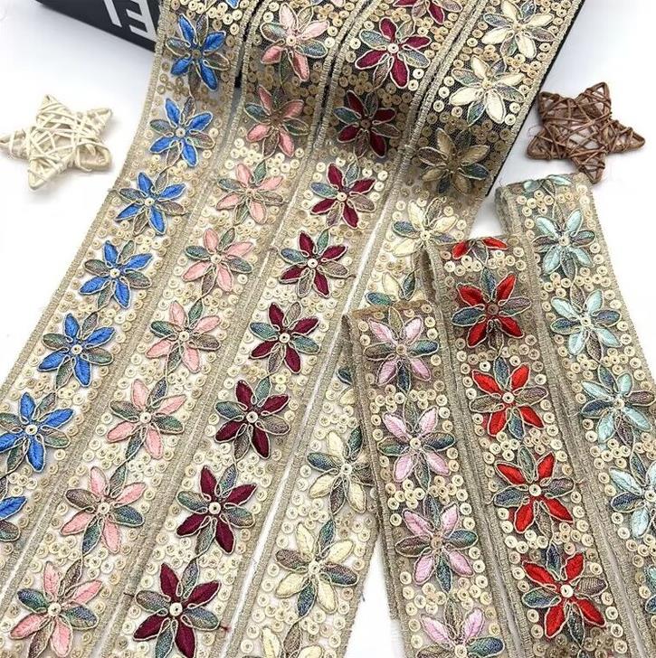 Double-leaf laminate sequins national wind gold strand embroidered lace children's performance dress waist belt bar code for clothing decoration ZB020