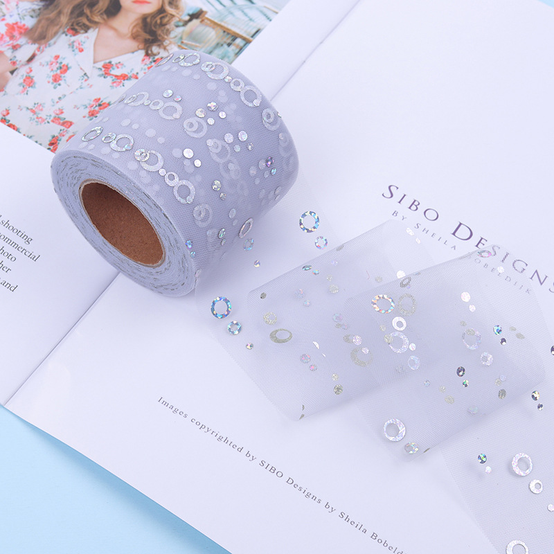 7.5cm/15cm*25 yards   Hot silver sequined tulle ribbon DIY bow hair accessories  H001