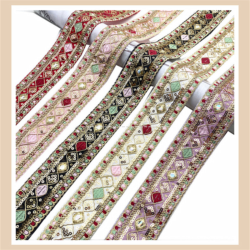 4cm multi-color diamond-shaped sequin strands rope ribbon, Han costume costume costume ethnic embroidery lace shoes clothing accessories DIY Sewing Accessories for Curtain Shoes Clothing Lace Fabric Trim Ribbon ZB018