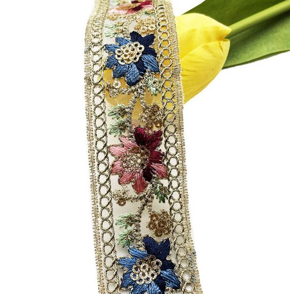 Width 35 mm Golden sequins corded lace Ribbon Flowers embroidered colorful cuff lace trim bar code for clothing decoration ZB021