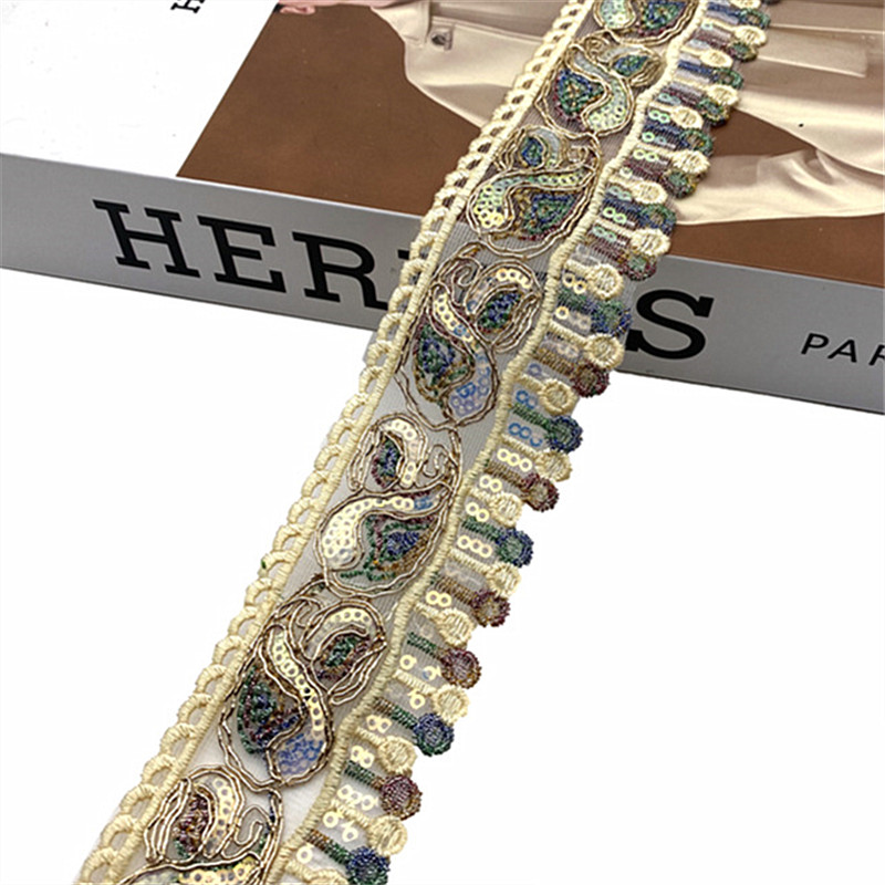 Hot-melt lens lace accessories Golden Sequin Lace Hollow Embroidery with Gold Thread Lace Applique Ethnic Clothing Dance Costumes and Performance Wear Accessor ZB016