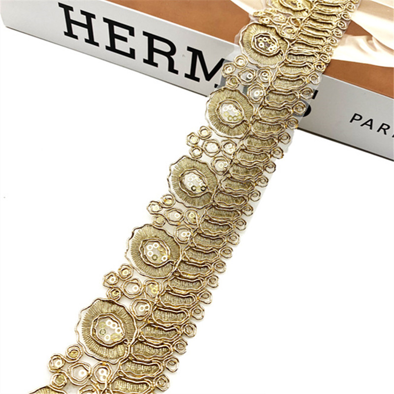 Hot-melt lens lace accessories Golden Sequin Lace Hollow Embroidery with Gold Thread Lace Applique Ethnic Clothing Dance Costumes and Performance Wear Accessor ZB016