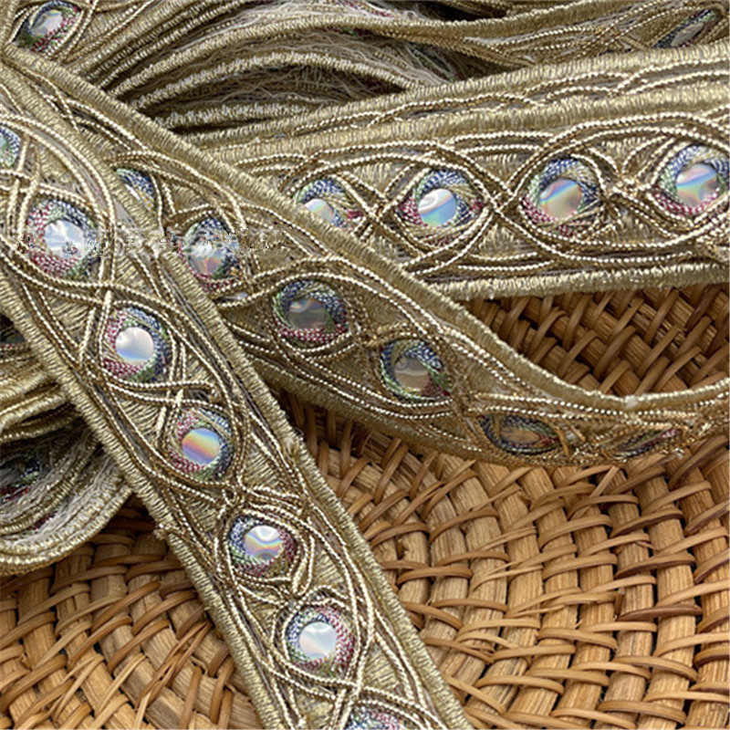 Hot-melt lens lace accessories Golden Sequin Lace Hollow Embroidery with Gold Thread Lace Applique Ethnic Clothing Dance Costumes and Performance Wear Accessor ZB016