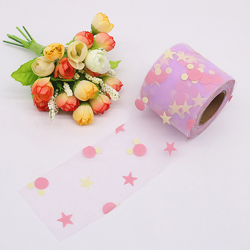 6cm*25yards  Offset Tulle Fabric Mesh Roll  Offset five-pointed star,Easy to fold,diy  decoration wedding   HX096