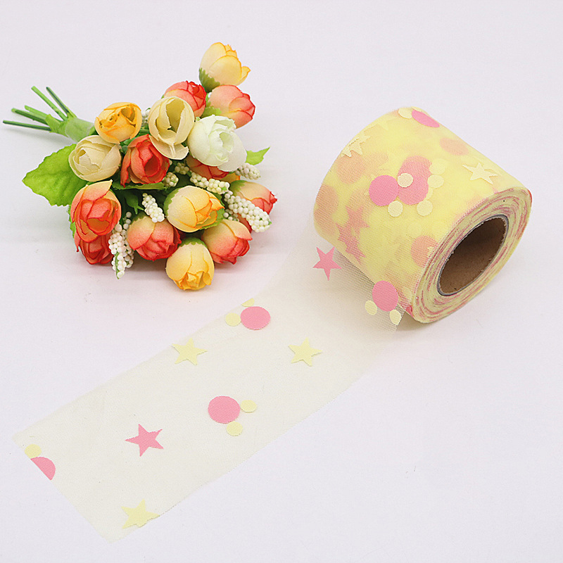 6cm*25yards  Offset Tulle Fabric Mesh Roll  Offset five-pointed star,Easy to fold,diy  decoration wedding   HX096