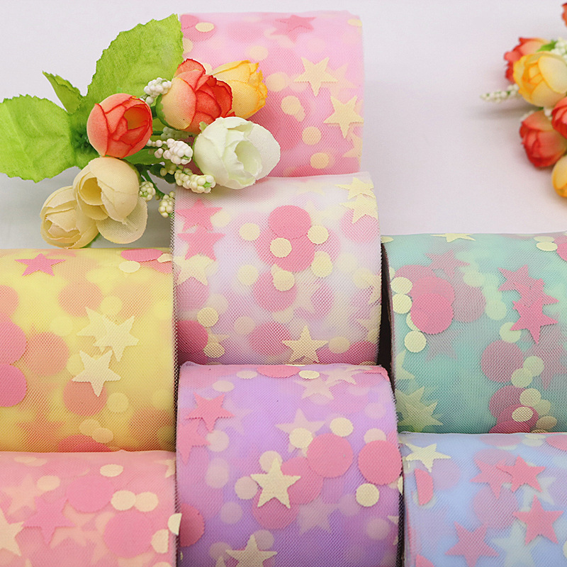 6cm*25yards  Offset Tulle Fabric Mesh Roll  Offset five-pointed star,Easy to fold,diy  decoration wedding   HX096