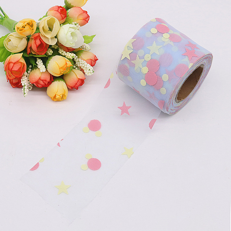 6cm*25yards  Offset Tulle Fabric Mesh Roll  Offset five-pointed star,Easy to fold,diy  decoration wedding   HX096